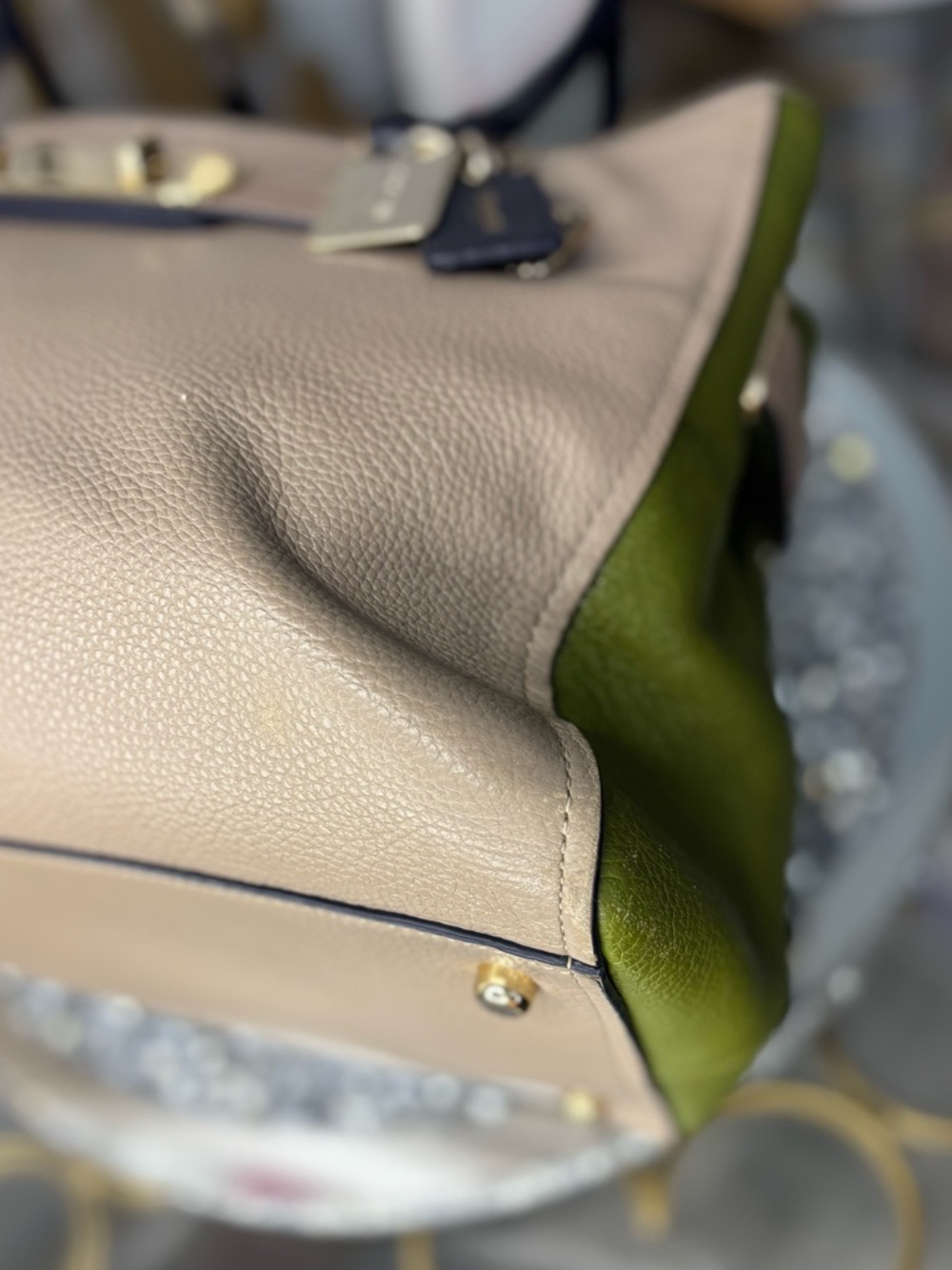 Coach 2015 Swagger Carryall Colorblock Leather Tote Satchel STONE Green Navy EUC - Picture 13 of 15
